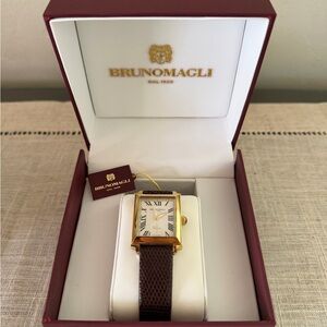 Bruno Magli Gold-Tone Rectangular Watch with Brown Leather Strap